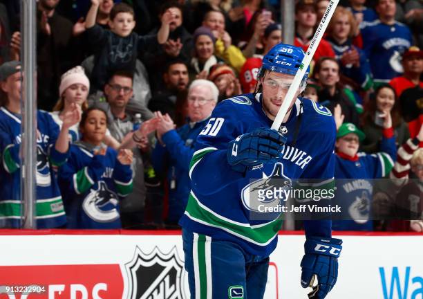Brendan Gaunce of the Vancouver Canucks waves to fans after being named first star after their NHL game against the Chicago Blackhawks at Rogers...