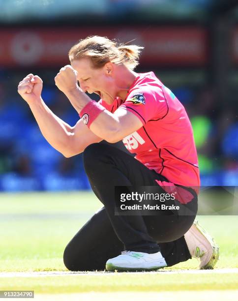 Sarah Aley of the Sydney Sixers celebrates after taking the wicket of of Tabatha Saville of the Adelaide Strikers lbw during the Women's Big Bash...