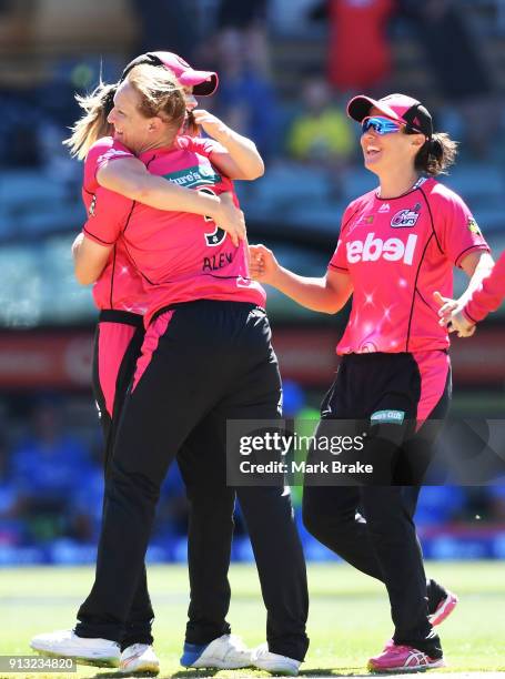 Sarah Aley of the Sydney Sixers celebrates after taking the wicket of of Tabatha Saville of the Adelaide Strikers lbw during the Women's Big Bash...