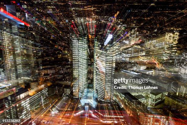 The twin towers of the corporate headquarters of German bank Deutsche Bank stand at night on February 1, 2018 in Frankfurt, Germany. Deutsche Bank...