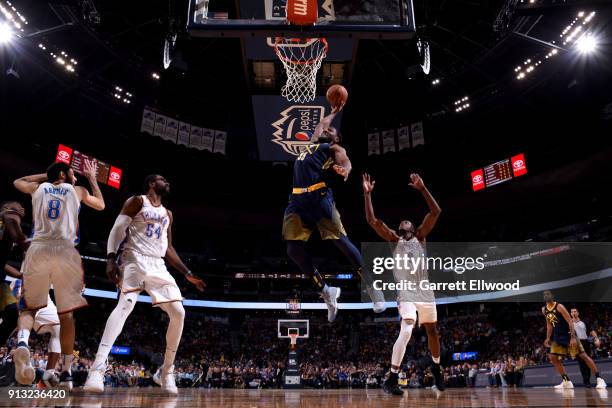 Kenneth Faried of the Denver Nuggets goes to the basket against the Oklahoma City Thunder on February 1, 2018 at the Pepsi Center in Denver,...