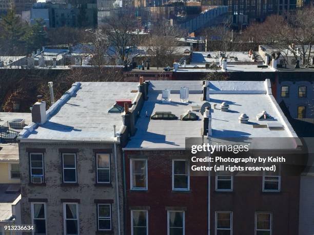 coated roofs on residential buildings in brooklyn nyc - oberlicht stock-fotos und bilder