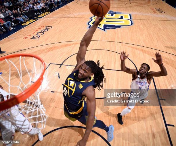 Kenneth Faried of the Denver Nuggets goes to the basket against the Oklahoma City Thunder on February 1, 2018 at the Pepsi Center in Denver,...