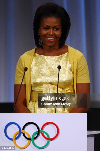 First lady Michelle Obama addresses IOC members during the Chicago 2016 presentation on October 2, 2009 at the Bella Centre in Copenhagen, Denmark....