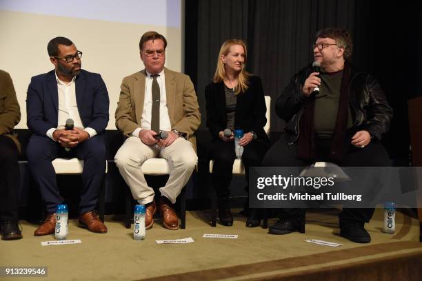 Jordan Peele, Aaron Sorkin, Vanessa Taylor and Guillermo del Toro speak at the Writers Guild's "Beyond Words 2018" at Writers Guild Theater on...