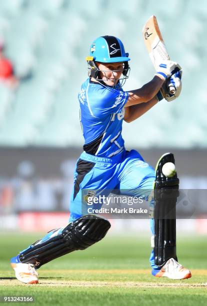 Katelyn Pope of the Adelaide Strikers bats during the Women's Big Bash League match between the Adelaide Strikers and the Sydney Sixers at Adelaide...