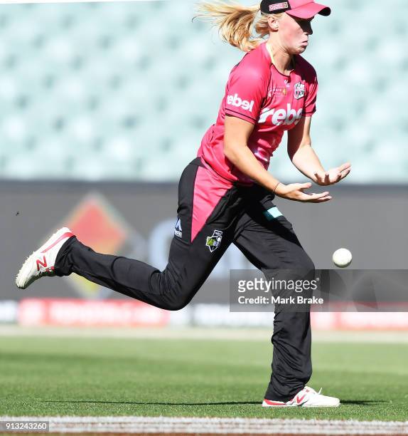 Kim Garth of the Sydney Sixers drops a catch during the Women's Big Bash League match between the Adelaide Strikers and the Sydney Sixers at Adelaide...