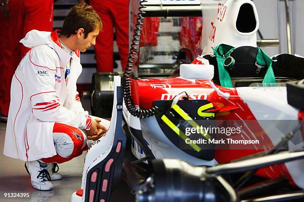 Jarno Trulli of Italy and Toyota prepares to drive during practice for the Japanese Formula One Grand Prix at Suzuka Circuit on October 2, 2009 in...