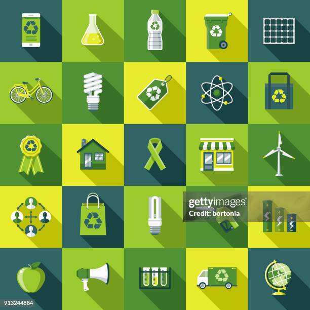 flat design environmental icon set with side shadow - renewable energy illustration stock illustrations