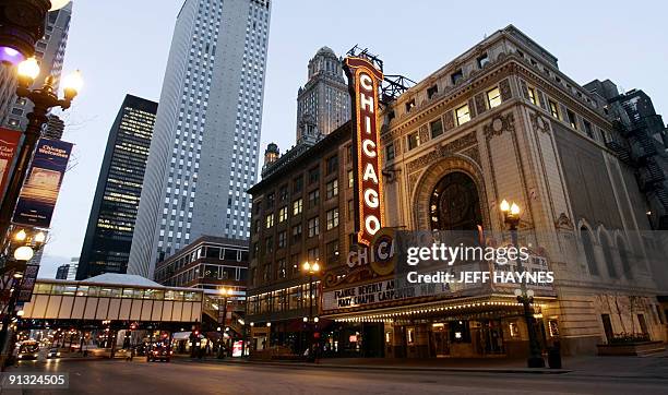 The famous Chicago Theater along State Street in downtown Chicago 27 April, 2004. The theatre first opened 26 October with the silent film "The Sign...