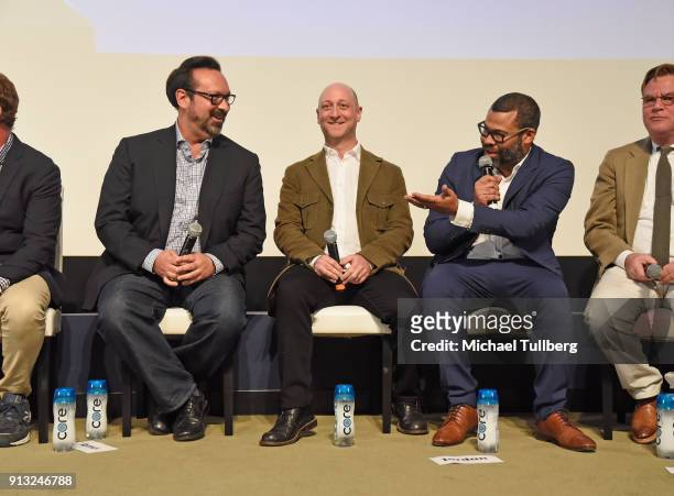 James Mangold, Michael Green and Jordan Peele speak at the Writers Guild's "Beyond Words 2018" at Writers Guild Theater on February 1, 2018 in...