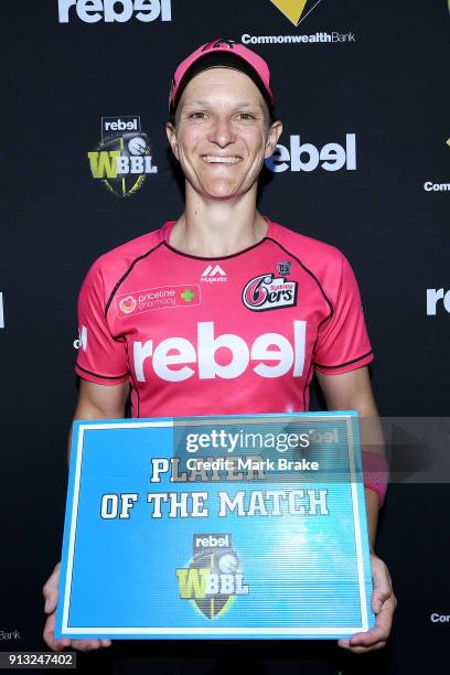 Man of the match Sarah Aley of the Sydney Sixers during the Women's Big Bash League match between the Adelaide Strikers and the Sydney Sixers at...