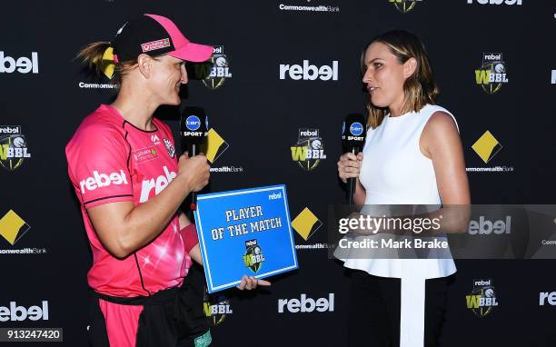 Man of the match Sarah Aley of the Sydney Sixers during the Women's Big Bash League match between the Adelaide Strikers and the Sydney Sixers at...