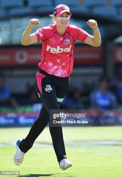 Ellyse Perry captain of the Sydney Sixers celebrates a wicket during the Women's Big Bash League match between the Adelaide Strikers and the Sydney...