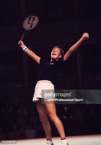 Anne Hobbs of Great Britain celebrates after defeating Zina Garrison and Lori McNeil of the USA in the final doubles match with her partner Jo Durie...