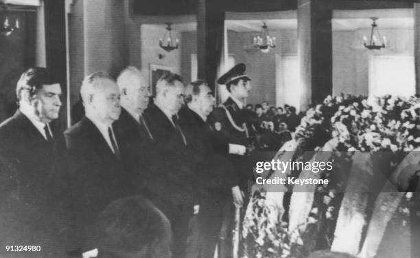 Russian statesman attend the lying-in-state of Russian cosmonauts Georgi Dobrovolski, Vladislav Volkov and Viktor Patsayev, at the Soviet Army House...