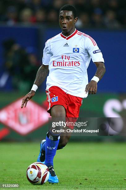 Eljero Elia of Hamburg runs with the ball during the Europa League first leg match between Hamburger SV and Hapoel Tel Aviv at HSH Nordbank Arena on...