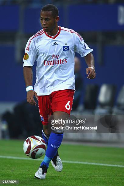 Dennis Aogo of Hamburg runs with the ball during the Europa League first leg match between Hamburger SV and Hapoel Tel Aviv at HSH Nordbank Arena on...