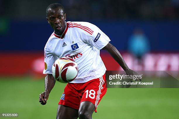 Romeo Castelen of Hamburg runs with the ball during the Europa League first leg match between Hamburger SV and Hapoel Tel Aviv at HSH Nordbank Arena...