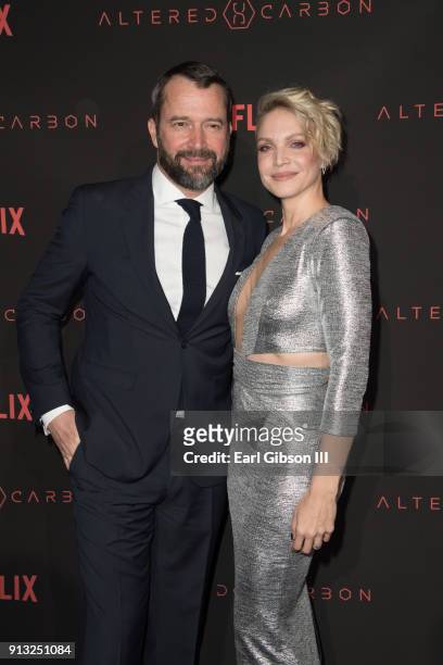 James Purefoy and Kristin Lehman attends the Premiere Of Netflix's "Altered Carbon" at Mack Sennett Studios on February 1, 2018 in Los Angeles,...
