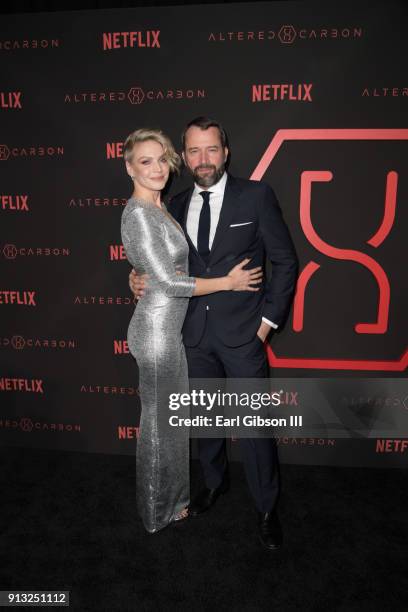 Kristin Lehman and James Purefoy attend the Premiere Of Netflix's "Altered Carbon" at Mack Sennett Studios on February 1, 2018 in Los Angeles,...