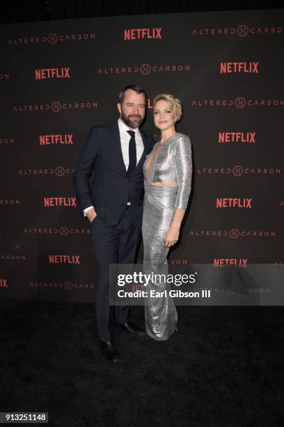 James Purefoy and Kristin Lehman attends the Premiere Of Netflix's "Altered Carbon" at Mack Sennett Studios on February 1, 2018 in Los Angeles,...