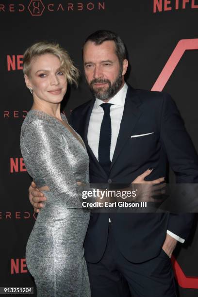 Kristin Lehman and James Purefoy attend the Premiere Of Netflix's "Altered Carbon" at Mack Sennett Studios on February 1, 2018 in Los Angeles,...