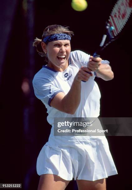 Anke Huber of Germany in action during the Lipton International Players Championships at the Tennis Center at Crandon Park in Key Biscayne, Florida,...