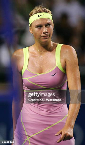 Maria Sharapova of Russia looks on in her match against Agnieszka Radwanska of Poland during day six of the Toray Pan Pacific Open Tennis tournament...
