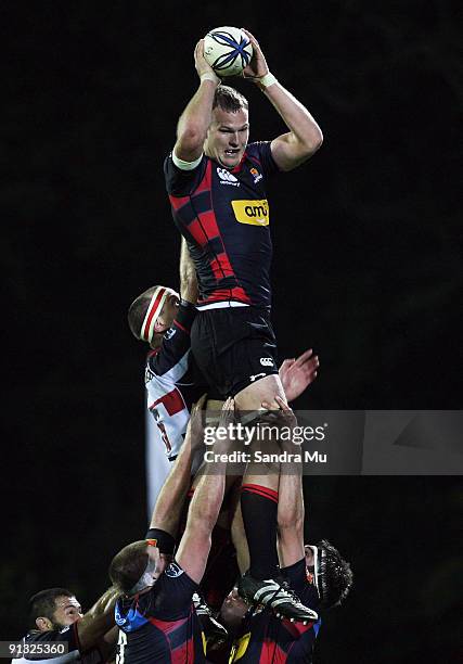 James Broadhurst of Canterbury takes the ball in the lineout during the Air New Zealand Cup match between Counties Manukau and Canterbury at Growers...