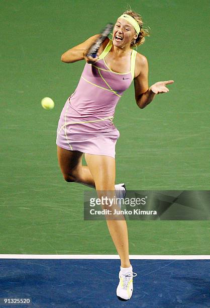 Maria Sharapova of Russia plays a forehand in her match against Agnieszka Radwanska of Poland during day six of the Toray Pan Pacific Open Tennis...