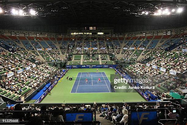 The centre court crowd watch doubles action during day six of the Toray Pan Pacific Open Tennis tournament at Ariake Colosseum on October 2, 2009 in...