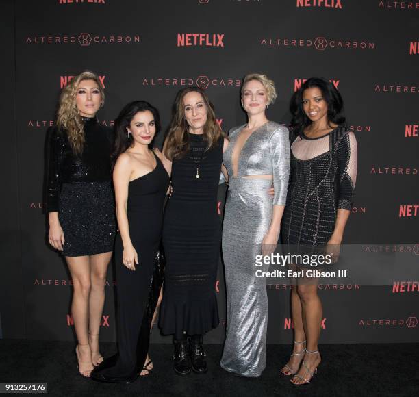 Dichen Lachman, Martha Higareda, Laeta Kalogridis, Kristin Lehman and Renee Elise Goldsberry attend the Premiere Of Netflix's "Altered Carbon" at...