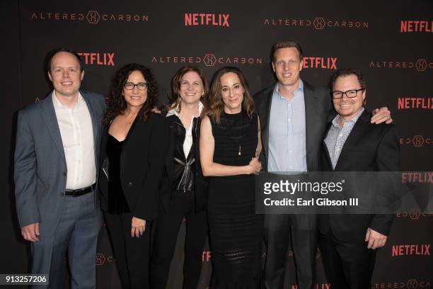 Marcy Ross, Dana Goldberg, Laeta Kalogridis, David Ellison and James Middleton attend the Premiere Of Netflix's "Altered Carbon" at Mack Sennett...
