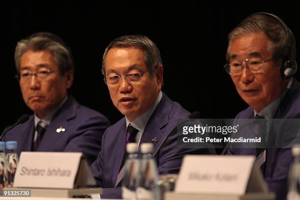 Tokyo governor and the city's Olympic bid committee leader Shintaro Ishihara and Chairman of the Japanese Olympic Commitee Ichiro Kono attend a press...