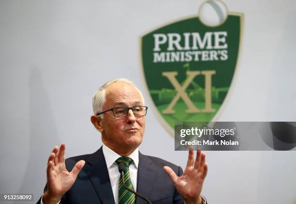 Australian Prime Minister Malcom Turnbull speaks before the One Day Tour Match between the Prime Minister's XI and England at Manuka Oval on February...
