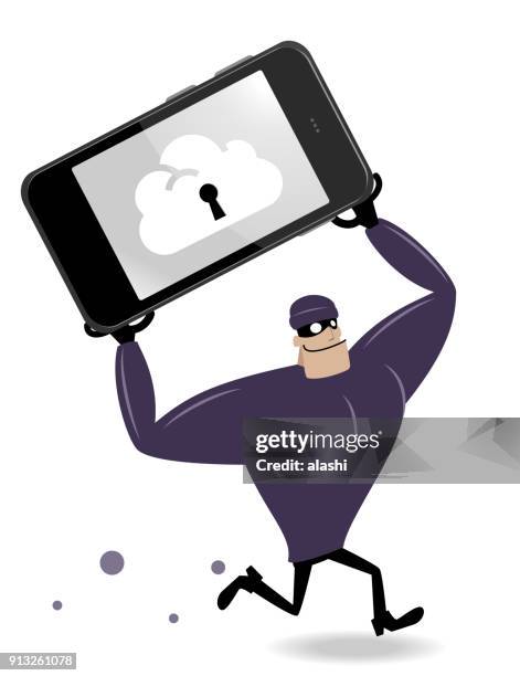 bildbanksillustrationer, clip art samt tecknat material och ikoner med tjuven (bandit, rånare) stjäla smart telefon (mobiltelefon) och löpning (dator hacker) - masked thief caught