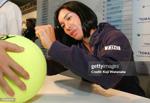 Kimiko Date Krumm of Japan signs autographs during day six of the Toray Pan Pacific Open Tennis tournament at Ariake Colosseum on October 2, 2009 in...