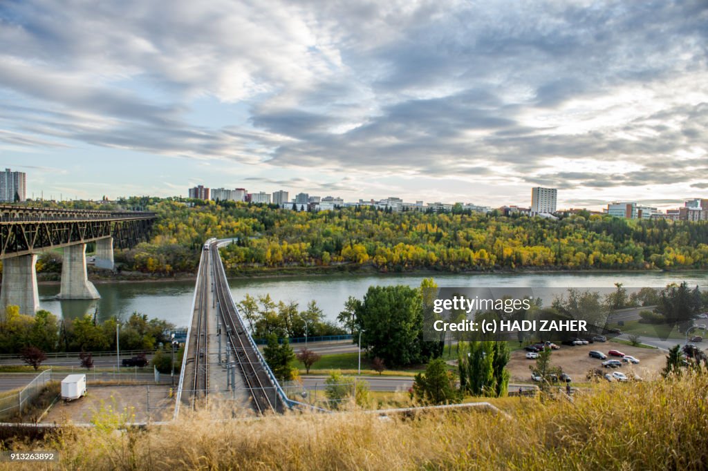 Train over North Saskatchewan River in City of Edmonton