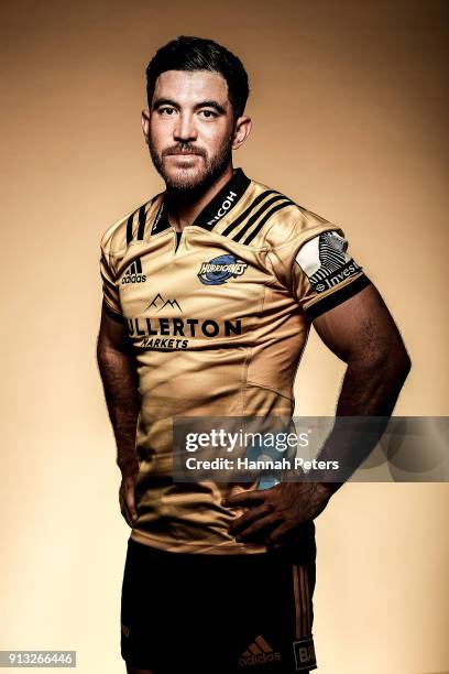Nehe Milner-Skudder poses during the Wellington Hurricanes 2018 Super Rugby headshots session on January 22, 2017 in Auckland, New Zealand.