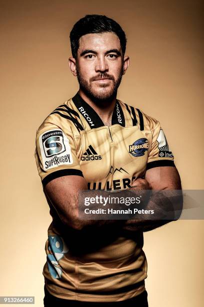 Nehe Milner-Skudder poses during the Wellington Hurricanes 2018 Super Rugby headshots session on January 22, 2017 in Auckland, New Zealand.