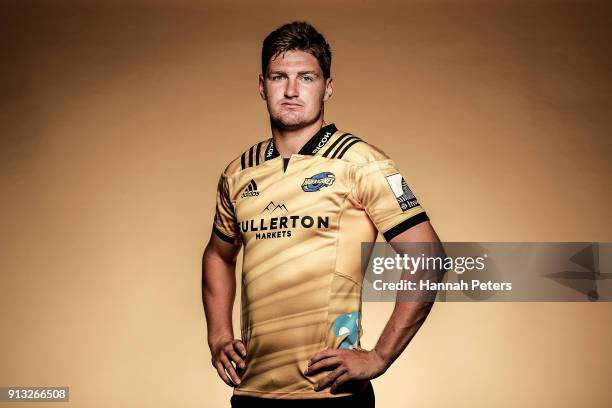 Jordie Barrett poses during the Wellington Hurricanes 2018 Super Rugby headshots session on January 22, 2017 in Auckland, New Zealand.