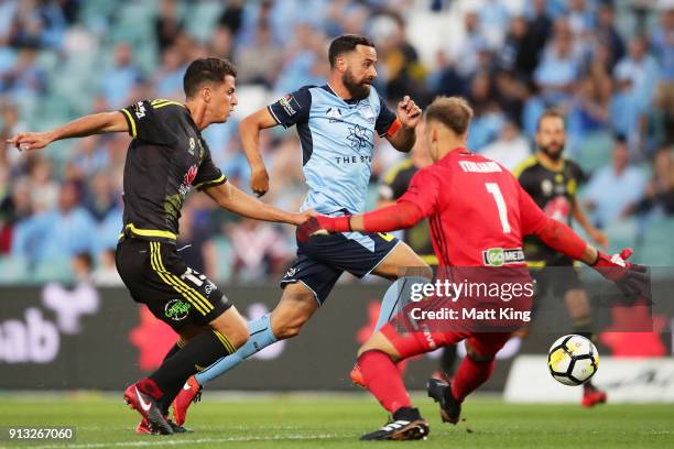 Alex Brosque of Sydney FC beats defender Marco Rossi of Wellington Phoenix and Wellington Phoenix goalkeeper Lewis Italiano to score the first goal...