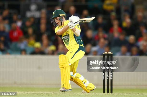 Seb Gotch of the PM's XI bats during the One Day Tour Match between the Prime Minister's XI and England at Manuka Oval on February 2, 2018 in...