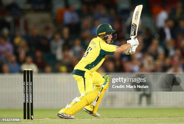 Seb Gotch of the PM's XI bats during the One Day Tour Match between the Prime Minister's XI and England at Manuka Oval on February 2, 2018 in...
