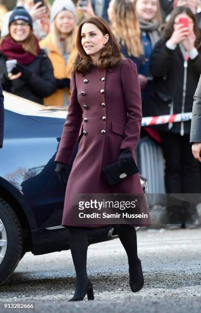 Catherine, Duchess of Cambridge arrives at Hartvig Nissen School, the location for the successful Norwegian television programme "Skam", with Prince...