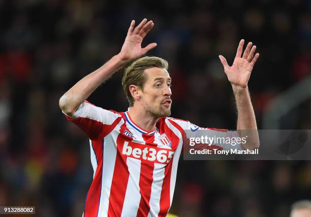 Peter Crouch of Stoke City during the Premier League match between Stoke City and Watford at Bet365 Stadium on January 31, 2018 in Stoke on Trent,...