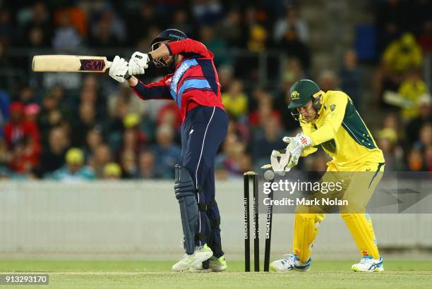 James Vince of England is bowled during the One Day Tour Match between the Prime Minister's XI and England at Manuka Oval on February 2, 2018 in...