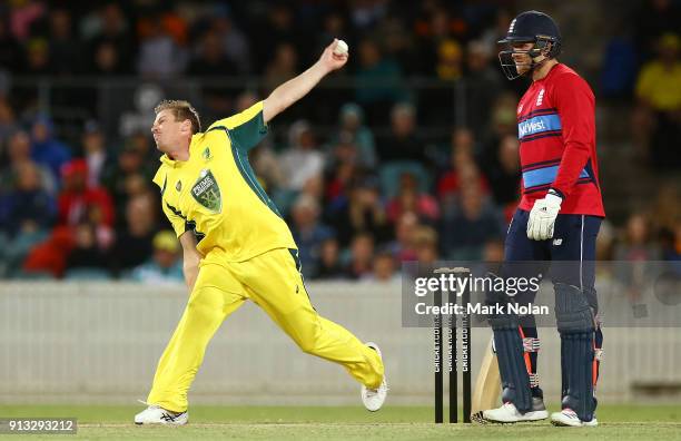 James Faulkner of the PM's XI bowls during the One Day Tour Match between the Prime Minister's XI and England at Manuka Oval on February 2, 2018 in...