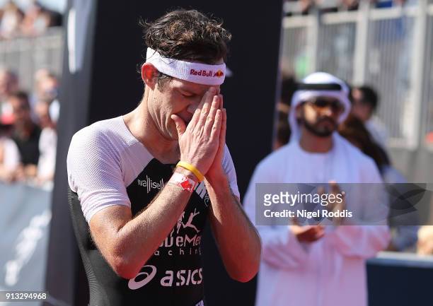Sven Riederer of Switzerland finishes second in Ironman 70.3 Dubai on February 2, 2018 in Dubai, United Arab Emirates.
